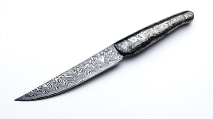 Sleek damascus steel knife with intricate patterns on a white background showcasing its craftsmanship and design © AbstractAI