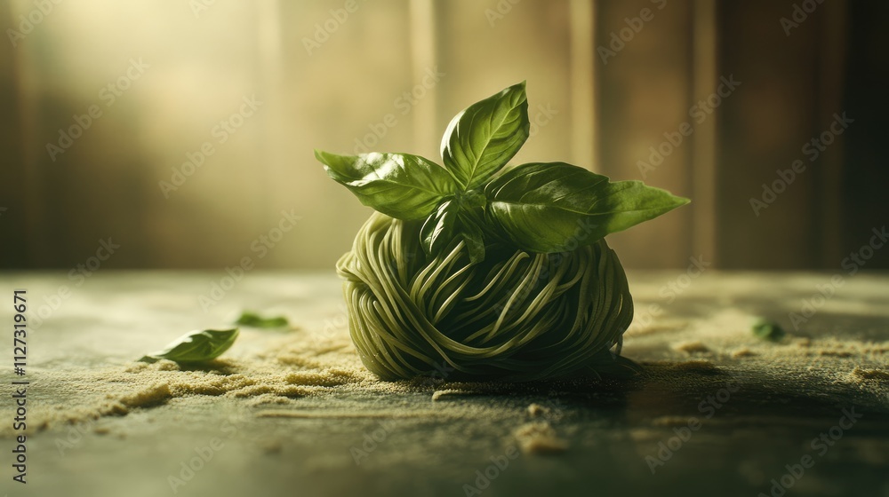 Poster basil infused dry pasta nest with fresh basil leaves on a rustic wooden surface illuminated by soft 