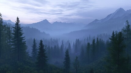 Fototapeta premium Misty morning landscape in a serene mountain forest with evergreen trees and distant peaks under a tranquil sky