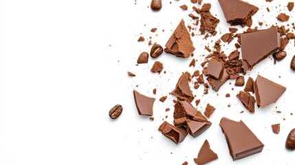 Broken chocolate pieces and coffee beans scattered on a white background showcasing rich textures and colors in a closeup view.