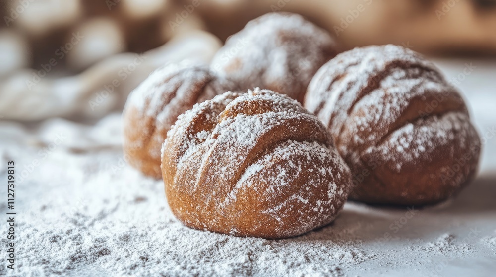 Poster brown artisan bread rolls dusted with flour on a clean white surface for culinary and bakery themed 
