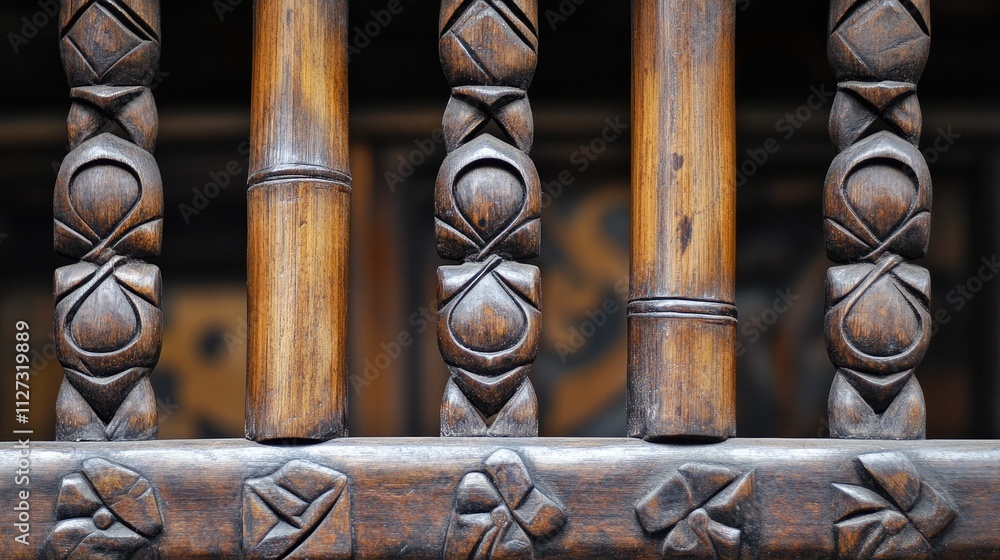 Poster traditional carved bamboo balusters showcasing intricate patterns in a rustic wooden setting