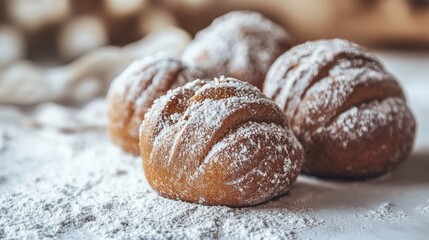 Brown artisan bread rolls dusted with flour on a clean white surface for culinary and bakery themed visuals