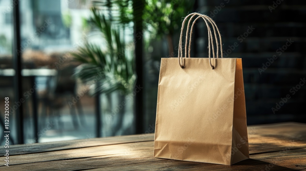 Poster craft shopping bag mockup on wooden table with natural light showcasing versatile branding and desig