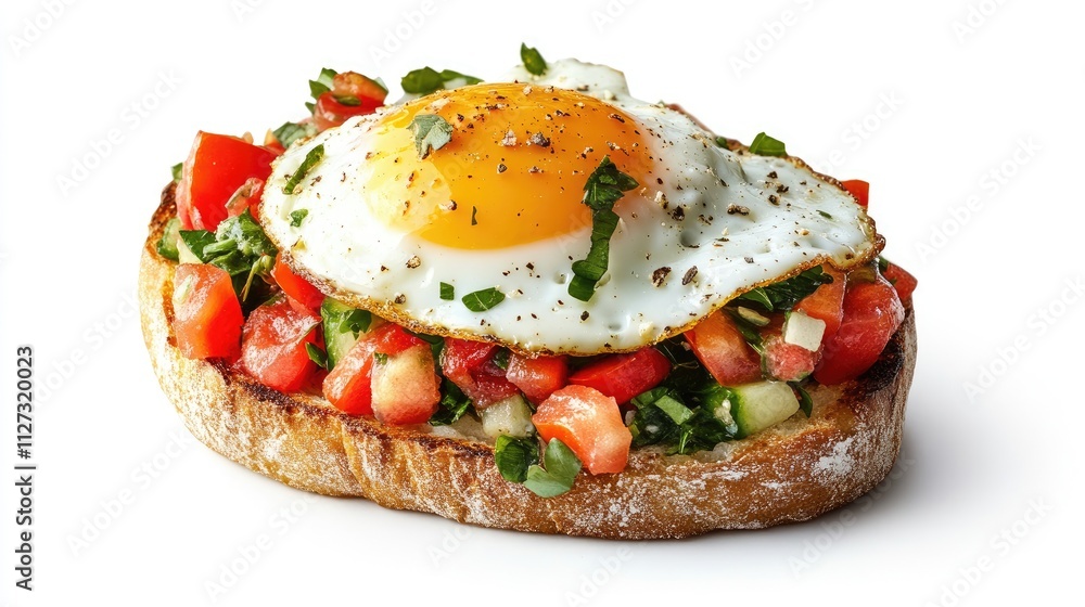 Poster bruschetta with fried egg and fresh vegetables on toast against a clean white background showcasing 
