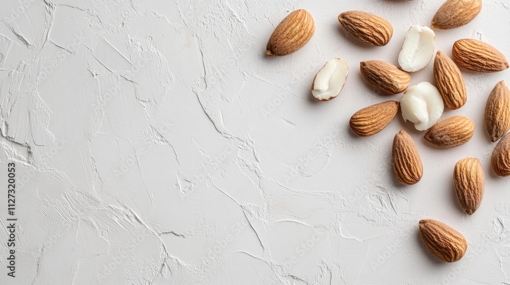 Poster almonds scattered on textured white background showcasing their natural shape and color for healthy 
