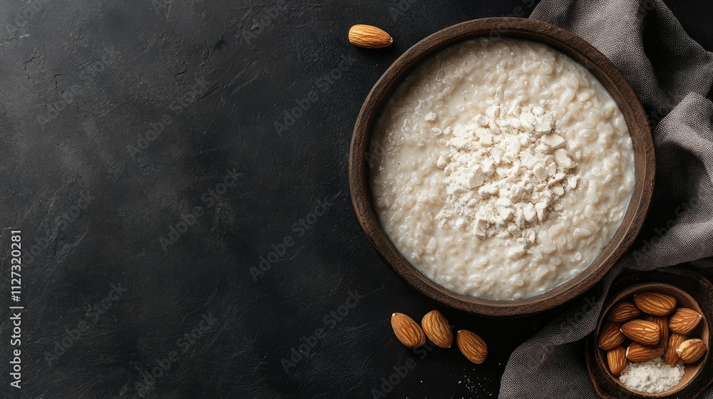 Aufkleber Creamy rice pudding with cashews and almonds in a rustic bowl on a dark background top view with copy space for text