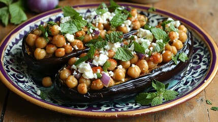 Eggplants stuffed with spiced chickpeas and feta, served on a vintage ceramic plate with scattered mint leaves