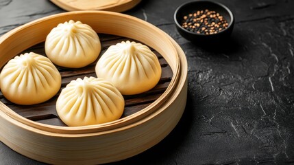 Homemade Organic Pulled Beef Bao Buns in Bamboo Steamer with Black Background and Copy Space for Food Concept Promotion