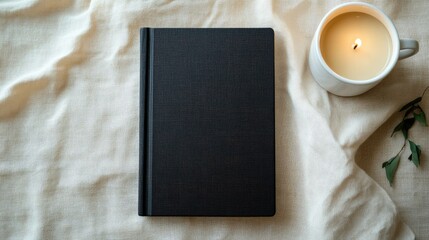 Elegant black book mockup with a candle and coffee cup on a textured beige table setting for cozy and creative flat lay visuals