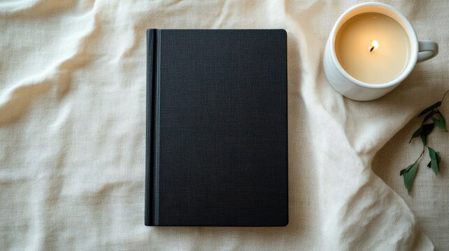Elegant black book mockup with a candle and coffee cup on a textured beige table setting for cozy and creative flat lay visuals