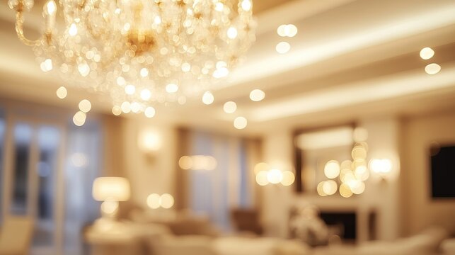 Luxury hotel interior featuring a blurred bokeh effect of chandeliers and LED spotlights creating an elegant ambiance and sophisticated atmosphere.