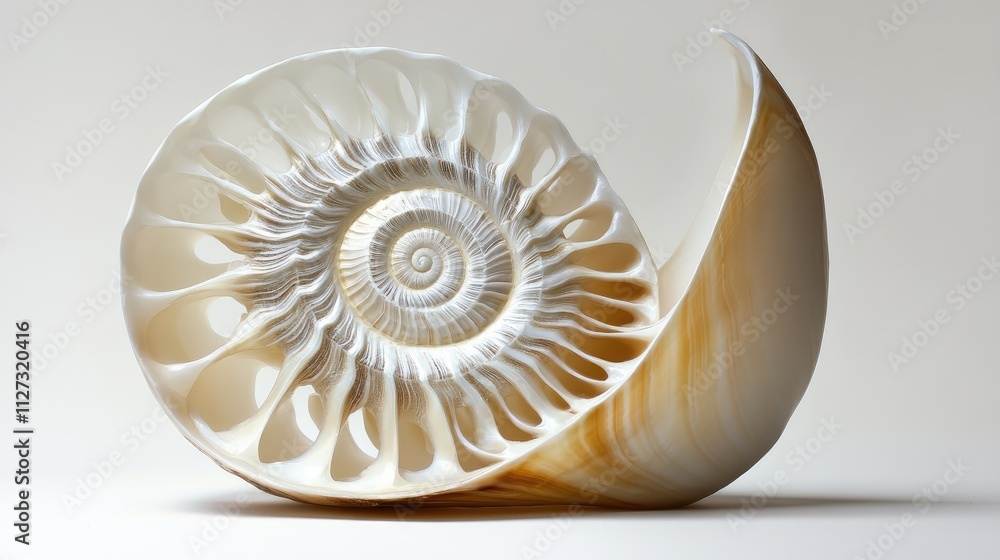 Poster Elegant nautilus shell showcasing intricate patterns and textures against a clean white background highlighting its natural beauty and design.
