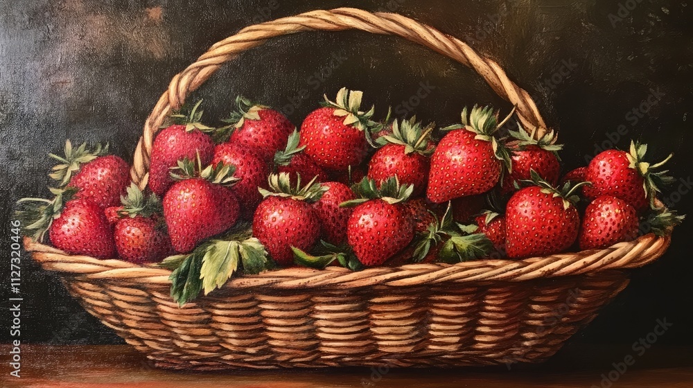 Poster vibrant basket of fresh strawberries on a rustic table against a dark background showcasing natural 