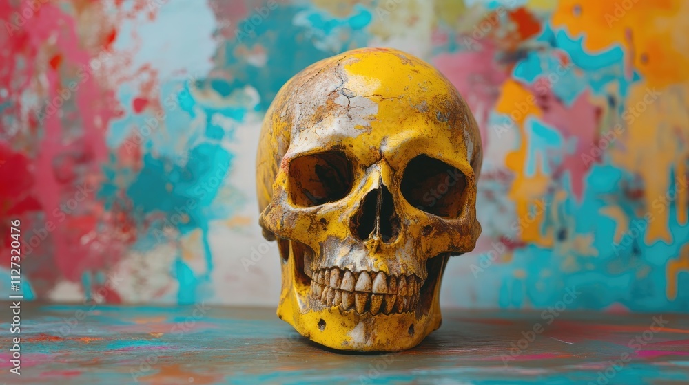 Poster aged yellow skull with detailed features against a vibrant and colorful abstract background highligh
