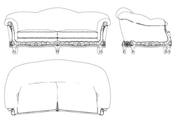 Sofa for the living room hand-painted in different sizes and types, Elegant baroque and classical designs. Vector Illustration with Front, Side, and Top Views