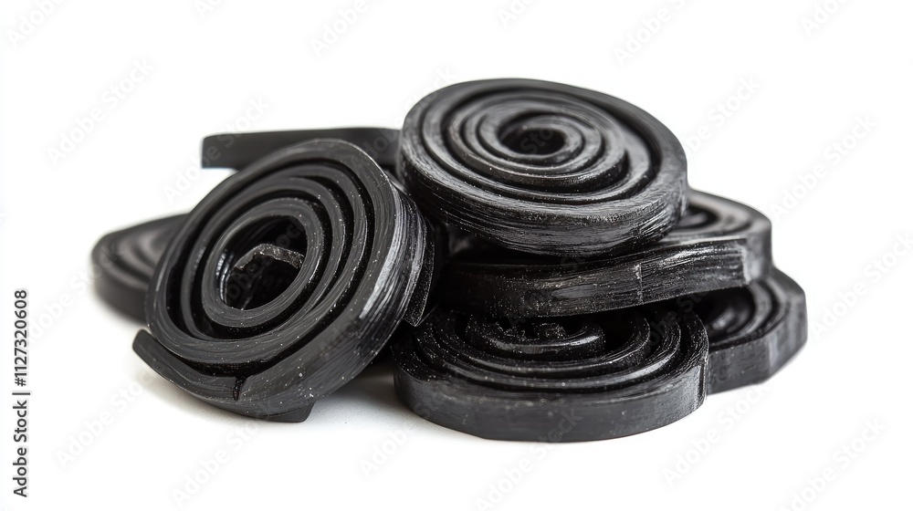 Poster black licorice candy spirals stacked on a white background showcasing texture and detail of this tra