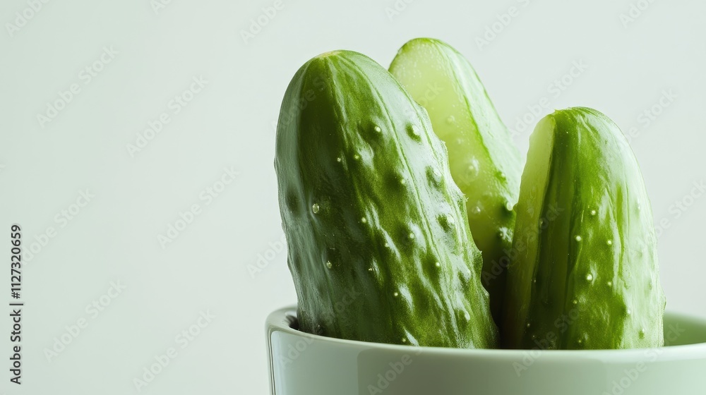 Poster fresh cucumbers displayed in a cup against a light background highlighting their vibrant green color