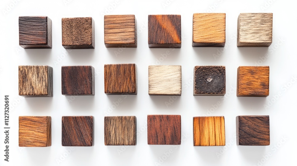 Poster wooden cubes arranged in a grid showcasing natural textures and colors against a clean white backgro