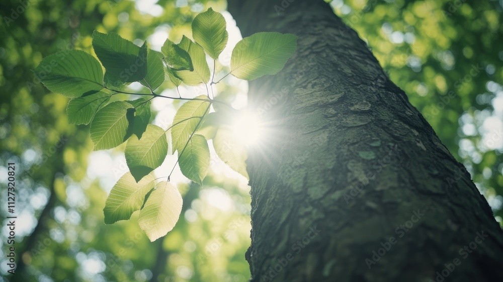 Poster view of sunlight filtering through green leaves on a tree trunk in a serene forest highlighting natu