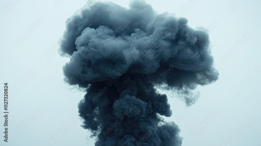 Poster dark smoke plume rising against a pale background creating an abstract and dramatic visual contrast 