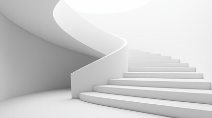 The image is a photograph of a modern staircase with a curved design. The staircase is made of white concrete and has a minimalist aesthetic.