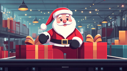 Santa Claus with a gift conveyor belt flat design front view workshop theme animation vivid