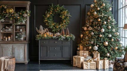 Cozy living room adorned with festive Christmas decorations including a beautifully lit tree and elegantly wrapped gifts.