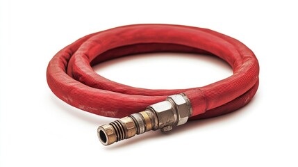 Fototapeta premium Red firefighter hose with metal connector isolated on a white background for safety and emergency services related concepts