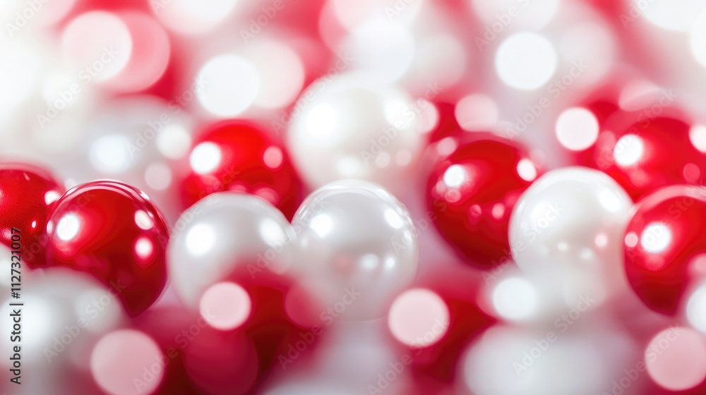 Poster Red and white pearl beads in a soft focus creating a colorful abstract background perfect for festive or decorative themes