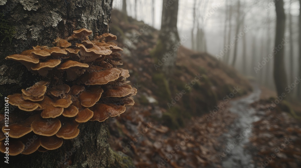 Aufkleber Brown shelf fungus growing on a wet tree trunk in misty forest with blurred path and trees in the background during a humid day