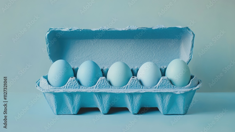 Aufkleber Blue eggs neatly arranged in a pastel blue carton on a matching backdrop creating a serene and cohesive visual composition.