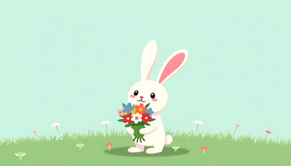 Fototapeta premium Rabbit holding a bouquet of flowers in a meadow