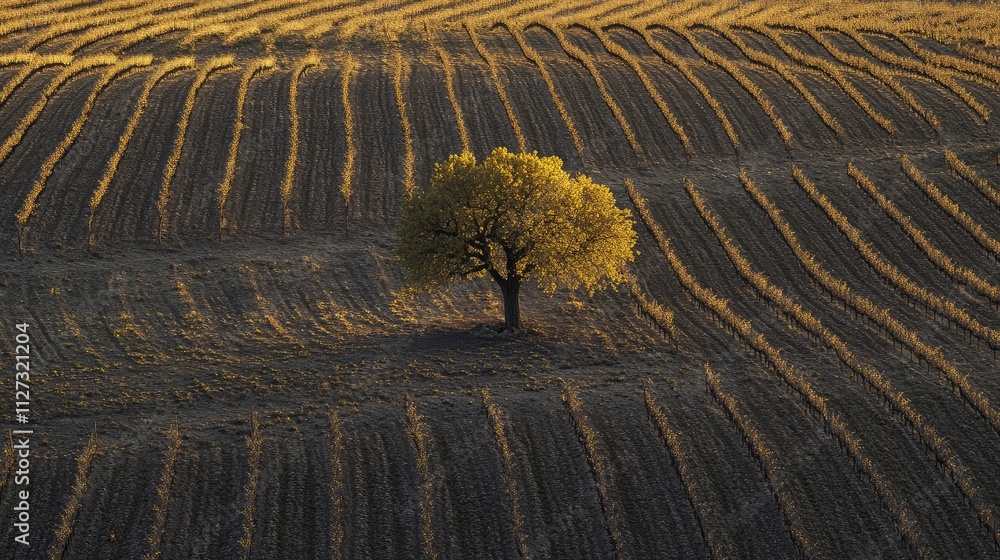 Poster aerial view of a solitary tree surrounded by vineyard rows in springtime ribera del duero region of 