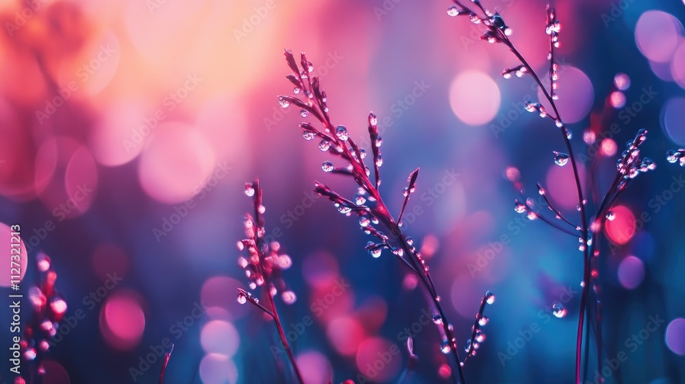 Poster close up of dew droplets on grass blades with colorful bokeh background depicting a serene and vibra