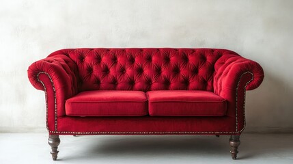 Elegant vintage red tufted sofa against a textured light wall in a stylish interior setting