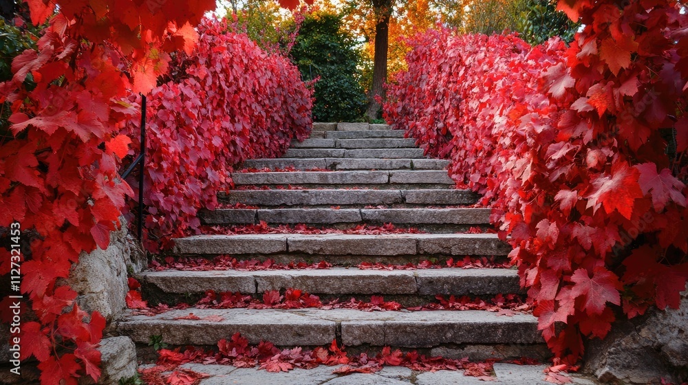 Poster Autumn staircase adorned with vibrant red maiden grape leaves creating a picturesque scene in a serene park setting