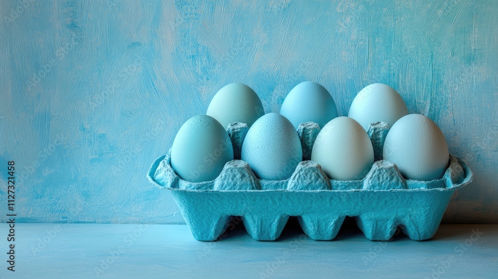 Poster blue eggs arranged in a blue carton on a soft blue textured backdrop creating a serene and harmoniou