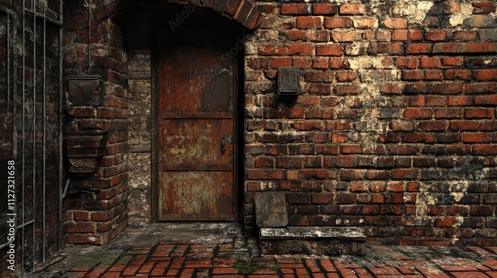Aufkleber Rustic Brick Wall with Weathered Door and Grunge Texture for Authentic Backgrounds and Web Graphics