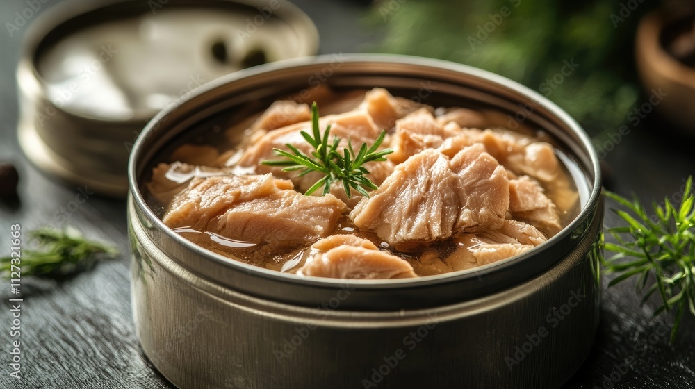 Aufkleber canned tuna fillet in water with fresh herbs displayed in an open can close up on a rustic wooden ta