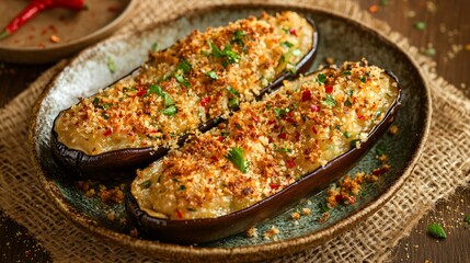Golden stuffed eggplants with a crispy breadcrumb topping, placed on a burlap-lined plate with decorative chili flakes