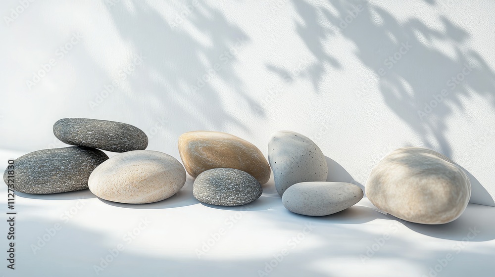 Poster collection of smooth pebbles arranged artistically casting soft shadows on a clean white background 