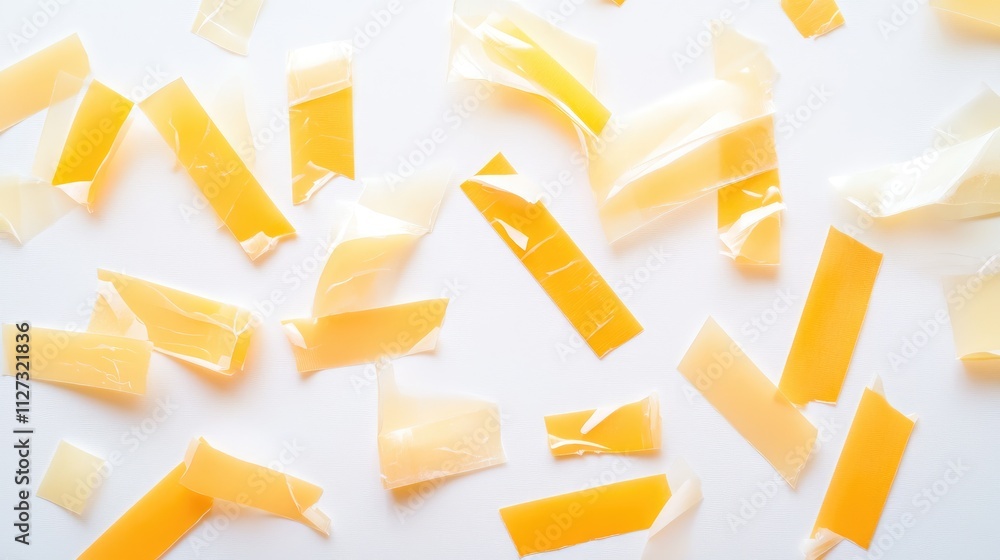 Aufkleber Scattered pieces of translucent adhesive tape arranged randomly on a clean white background showcasing various shapes and sizes.