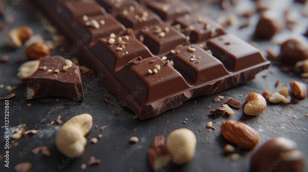 Poster rich chocolate bar with nuts and caramel pieces scattered on a rustic background perfect for dessert