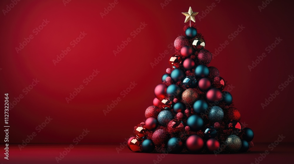 Poster elegant christmas tree adorned with colorful ornaments against a rich red background creating a fest