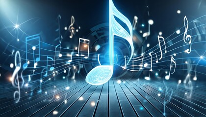 Vibrant Illustration of a Central Musical Note Surrounded by Smaller Musical Notes, Capturing the Essence of Music in a Dynamic and Colorful Design