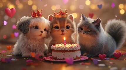 Adorable Kittens and Puppy Celebrating Birthday with Cake and Crowns