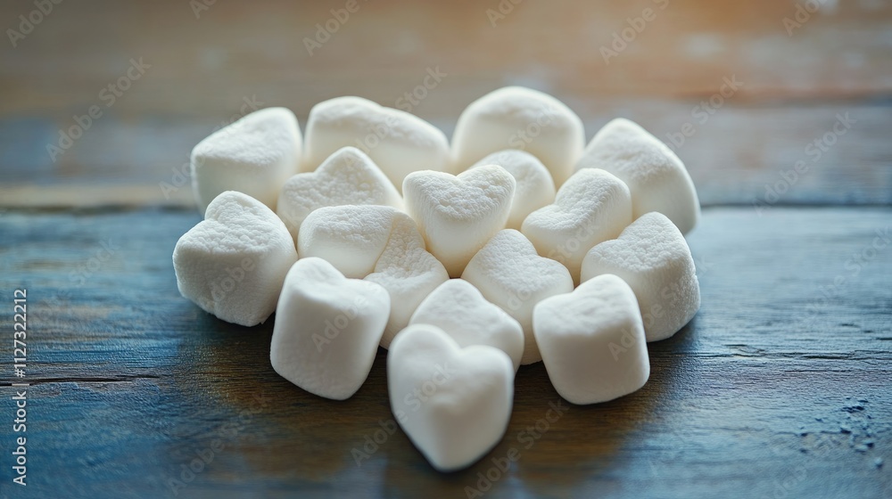 Poster heart-shaped arrangement of small white marshmallows on a rustic wooden table background for sweet a