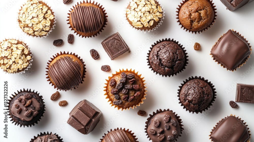 Poster assorted homemade cupcakes and muffins with chocolate and raisins arranged on a white background for