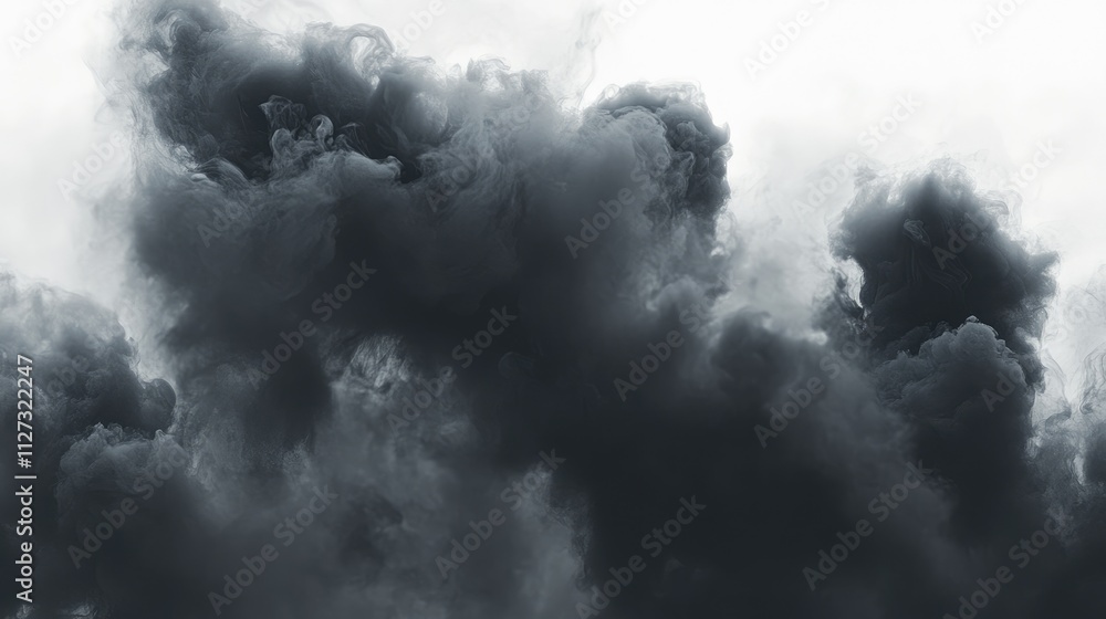 Poster Dark smoke swirling in dramatic shapes against a light backdrop creating a striking abstract visual for artistic or design purposes